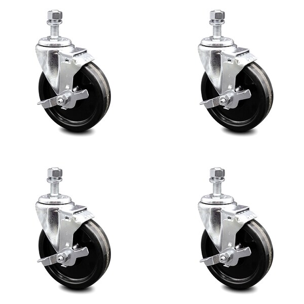 5 Inch Phenolic Wheel Swivel 1/2 Inch Threaded Stem Caster Set with Brake SCC